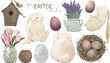 Happy Easter Collection. Vector illustration, hand drawn. Set of  eggs, rabbits, lavender, tulips and candies. Spring elements isolated on white. Provence atmosphere for your design.