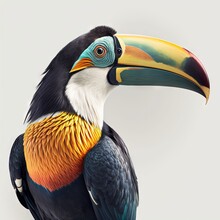  A Toucan Bird With A Colorful Beak On A White Background With A Gray Back Ground And A White Back Ground With A Gray Back Ground.  Generative Ai