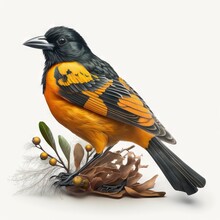  A Yellow And Black Bird Sitting On Top Of A Flower Stem And A Leafy Branch With Leaves Around It And A White Background Behind It.  Generative Ai