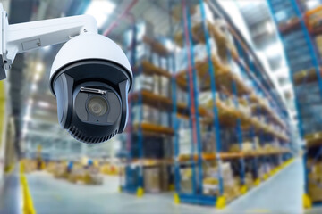 Poster - closed circuit camera Multi-angle CCTV system against the background of a modern warehouse complex. The concept of protection of goods.