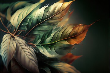 Wall Mural -  a close up of a green and yellow leaf on a black background with a green background and a black background with a red and yellow leaf.  generative ai