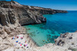 Top view of Tsigrado beach in Milos, Cyclades islands archipelago GR