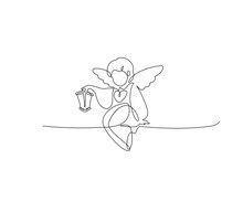 Angel Holding A Lantern. Continuous Line Art Drawing Vector Illustration, Pray, Lighthouse	
