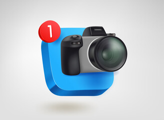 Poster - Digital camera app button with notification. 3d vector mobile application icon