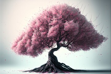 Wall Mural -  a tree with pink leaves is shown in this artistic image of a tree with pink leaves in the shape of a heart and branches, on a light blue background.  generative ai