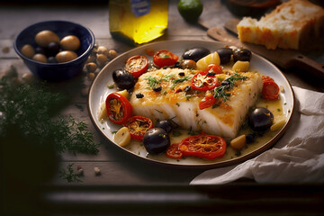 Portuguese Oven-Baked Cod with Tomato, Roasted Potatoes, Olives, and Red Pepper - A Hearty and Delicious Family Dinner Ai generative