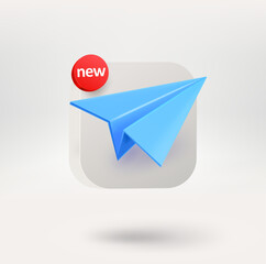Fototapete - Blue paper plane on a white button. Application icon template. 3d vector icon isolated on white 