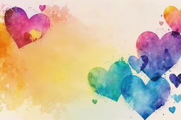 Wall Mural - Watercolor background with colorful hearts and empty space, generative ai	