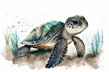 Wall Mural - Illustration of a sea turtle swimming underwater in a watercolor style, generative ai