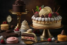  a variety of desserts and pastries on a table with a clock and a gold plate with a cake on it and a gold stand.  generative ai