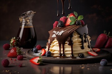 Poster -  a cake with chocolate icing and strawberries on a plate next to a jug of syrup and a pitcher of chocolate syrup on a table.  generative ai