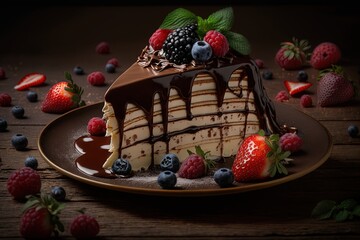 Sticker -  a piece of cake with chocolate sauce and berries on a plate with chocolate sauce and strawberries on the side of the plate and a chocolate drizzled strawberry on top.  generative ai