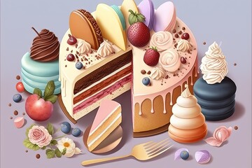 Poster -  a piece of cake surrounded by other desserts and flowers on a purple background with a fork and a knife in the foreground of the cake.  generative ai