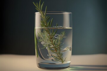 Poster -  a glass filled with water and a plant inside of it on a counter top next to a bottle of water and a glass of water.  generative ai