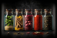  A Row Of Glass Jars Filled With Different Types Of Spices And Spices On A Black Background With Smoke Coming Out Of The Top Of The Jars.  Generative Ai