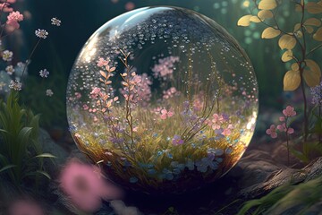 Poster -  a painting of a glass ball with flowers in it on a rock in a field of grass and wildflowers, with a blue sky background of yellow and pink flowers.  generative ai