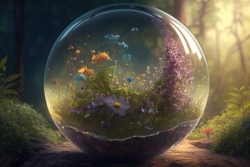 Wall Mural -  a glass ball with flowers inside of it on a dirt road in a forest with grass and flowers in the middle of the glass ball.  generative ai