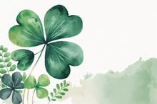 St Patrick Day Background, Green Clover Leaf, Shamrock, Watercolor, Plants. Generative AI