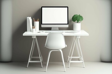 Poster - Front view of a contemporary workplace with a white laptop, an empty computer, chairs, and other supplies. a mockup. Generative AI