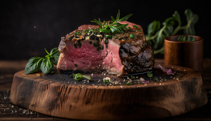 Grilled beef steak on wooden, juicy beef steak, cooked medium rare, with a charred exterior and a warm, pink center. garnished with a sprinkle of salt and cracked black pepper, and fragrant herbs.