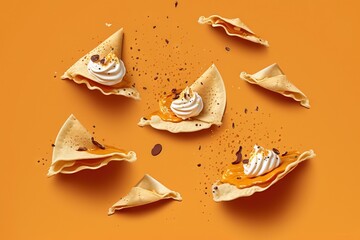 Poster -  a group of desserts with whipped cream and toppings on a orange background with a few pieces missing from them and scattered around them.  generative ai