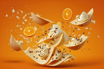 Sticker -  an orange background with some orange slices and whipped cream in the middle of the image and a splash of chocolate on top of the image.  generative ai