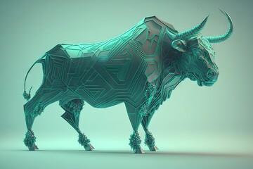 Wall Mural -  a bull with a pattern on it's body is standing in the middle of a room with a light blue background and a light blue background.  generative ai