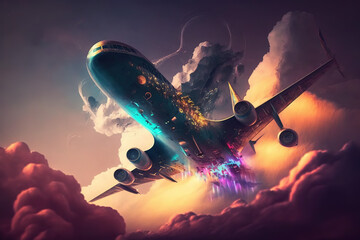Airplane flies through the sky, colorful, universe, galaxy, clouds, plane in the air, epic landscape, travel, abstract, painting, magical, graphic art, illustration, design, plane flies through clouds