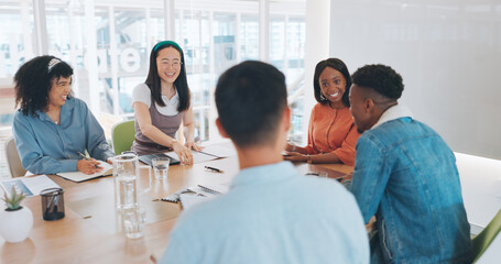 Poster - Diversity, business people and happy meeting for marketing teamwork, planning strategy and creative collaboration in office. Interracial team, employee management and creative group discussion