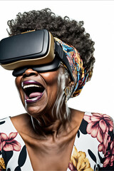 older African-American woman laughing with virtual reality goggles, generative AI