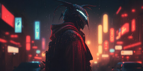 futuristic samurai standing in cyberpunk city at night, neon lights, Background Wallpaper, generative ai illustration	