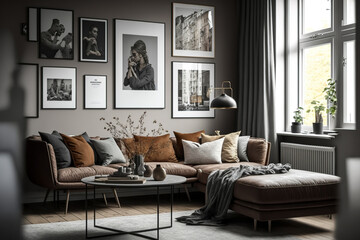 Modern poster gallery in a sophisticated grey living room with a brown corner sofa. Generative AI