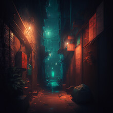Cyberpunk Grungy Dirty Alleyway At Night. Created Using Ai Generative. 