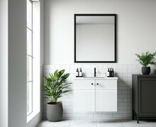 Front View On Blank White Poster On Light Grey Wall In Stylish Monochrome Bathroom With Dark Sink Cabinet, Shower With Glass Partition And Ceramic Tiles Wall Background. , Mockup. Generative AI