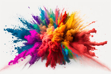 Wall Mural - Multicolored explosion of rainbow holi powder paint isolated on white background. Generative AI