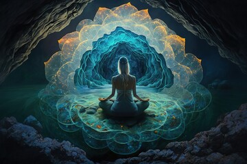 Woman medidates in lotus pose in surreal environment