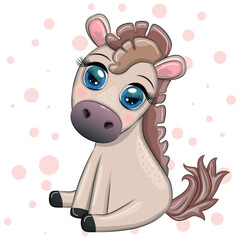  Cute cartoon horse, pony for card with flowers, balloons, heart