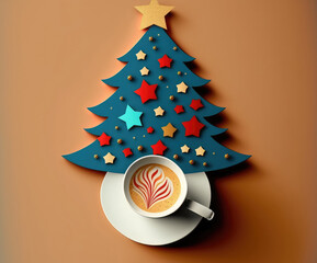 composition for Christmas. Christmas tree formed of smoke and a gold star are depicted on a white coffee cup with a blue and red background. top perspective, copy space, and a flat lay. Year's card. H