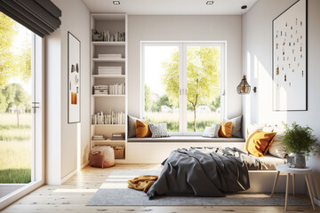 Bright and cozy contemporary bedroom with walk-in closet, large window and a decent reading window sill with natural seating and cushions. Idea for interior design. AI