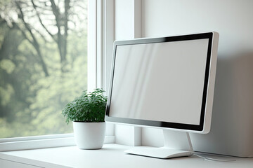 Poster - Mock up of a computer display on a white table in front of a window and a white wall in an office or house. Concept of product placement and advertising. Generative AI