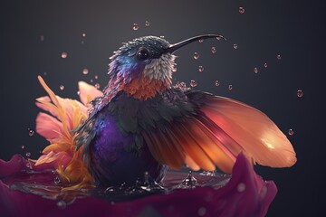 Sticker -  a colorful bird sitting on top of a flower covered in drops of water on a black background with a black background and a pink flower in the foreground.  generative ai