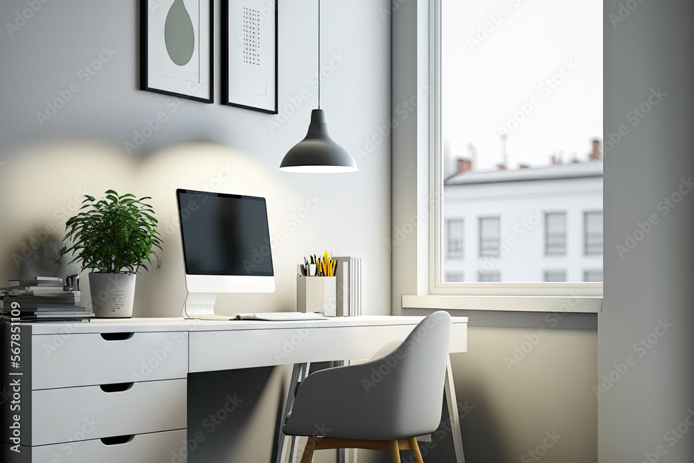 side view. Modern minimal bright office workspace with laptop mockup ...