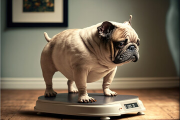 sad French bulldog on weight scale. Generative AI