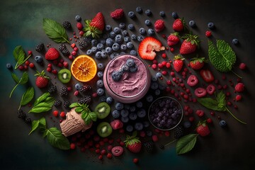 Poster -  a variety of fruits and berries surrounding a smoothie in a glass bowl on a dark surface with leaves and berries around the glass bowl.  generative ai