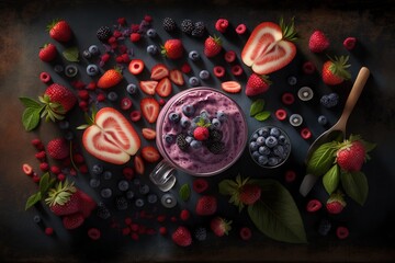 Poster -  a smoothie with berries, strawberries, and blueberries on a black surface with a spoon and a strawberries on the side.  generative ai