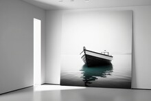  A Black And White Photo Of A Boat In The Water In A Room With A Door Leading To Another Room With A Door Leading To Another Room.  Generative Ai