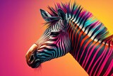 Fototapeta Konie -  a colorful zebra is standing in front of a pink and yellow background with a pink and yellow background and a pink and yellow background with a red and blue stripe.  generative ai