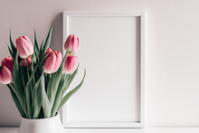 Mockup With Pink Tulips In A Vase And A White Frame On A Light Background. Generative AI