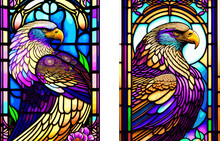 Stained Glass Illustration With A Fabulous Eagle Sitting On A Tree Branch Against The Sky - Vector Illustration