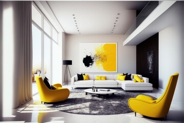 Wall Mural - Luxury interior living room with big bright windows and good view yellow sofa furniture
